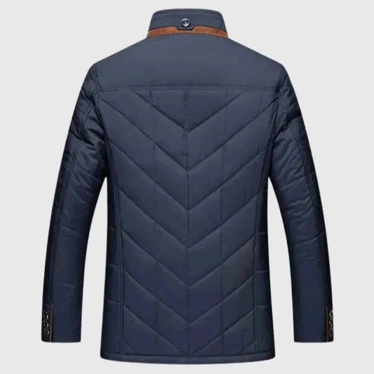 Men's Blue Lightweight Quilted Button Zip Stand Collar Jacket