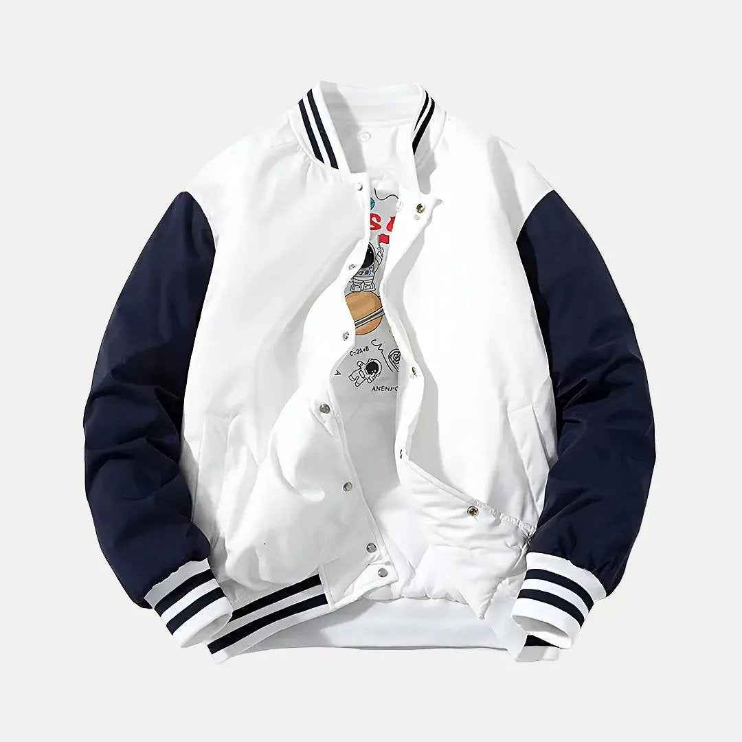 Men's Patchwork Detachable Hood Varsity Jacket White