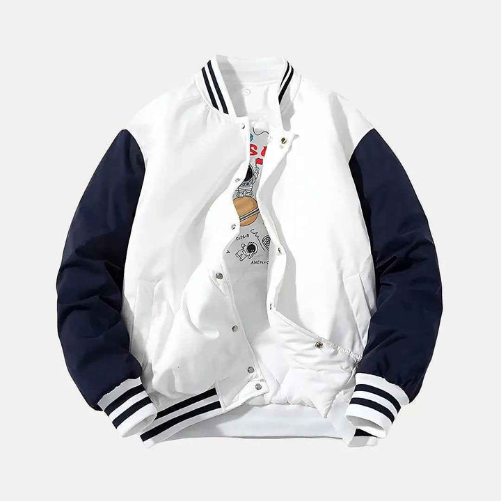 Men's Patchwork Detachable Hood Varsity Jacket White