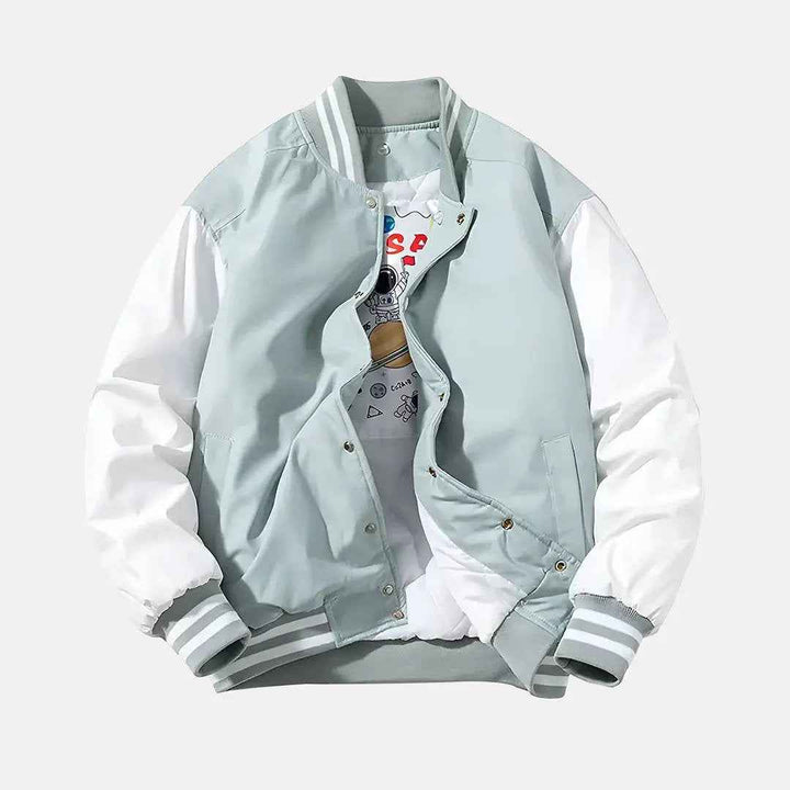 Men's Patchwork Detachable Hood Varsity Jacket Green