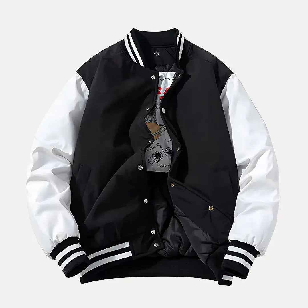 Men's Patchwork Detachable Hood Varsity Jacket Black