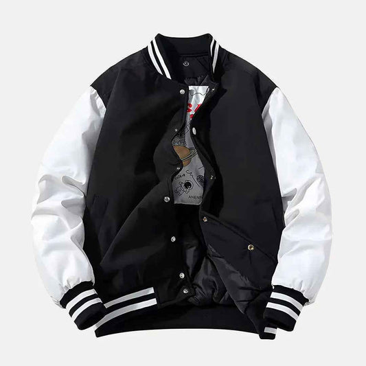 Men's Patchwork Detachable Hood Varsity Jacket Winter Essential Black