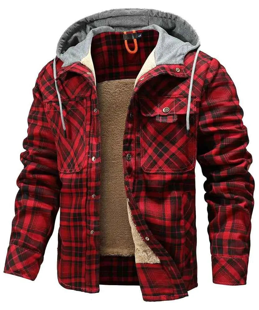 Men's Plaid Hooded Outdoor Jacket Red