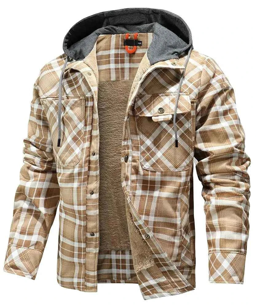 Men's Plaid Hooded Outdoor Jacket Khaki