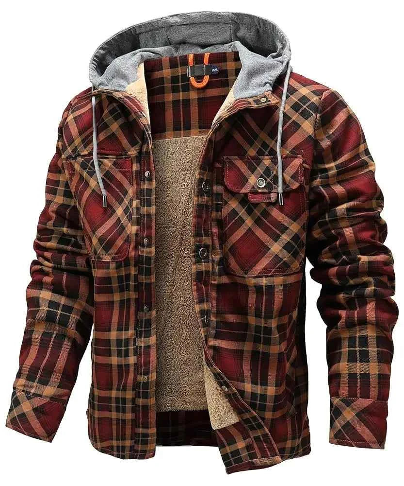 Men's Plaid Hooded Outdoor Jacket Brick
