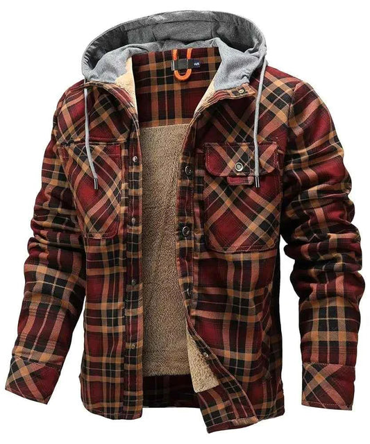 Men's Cotton Blend Polyester Hooded Button-front Plaid Jacket Brick