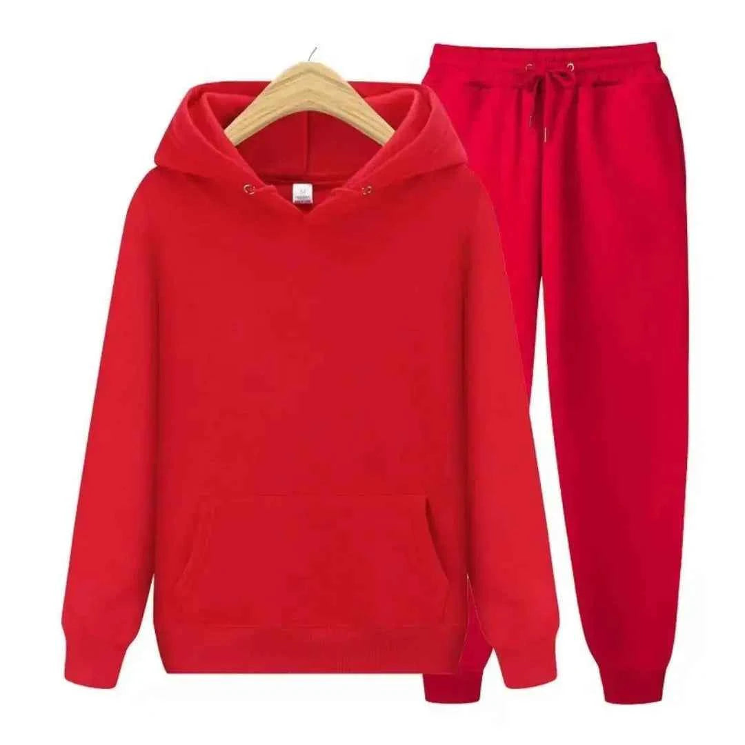 Men's Cotton Tracksuit Relaxed Drawstring Black Winter Hood Red