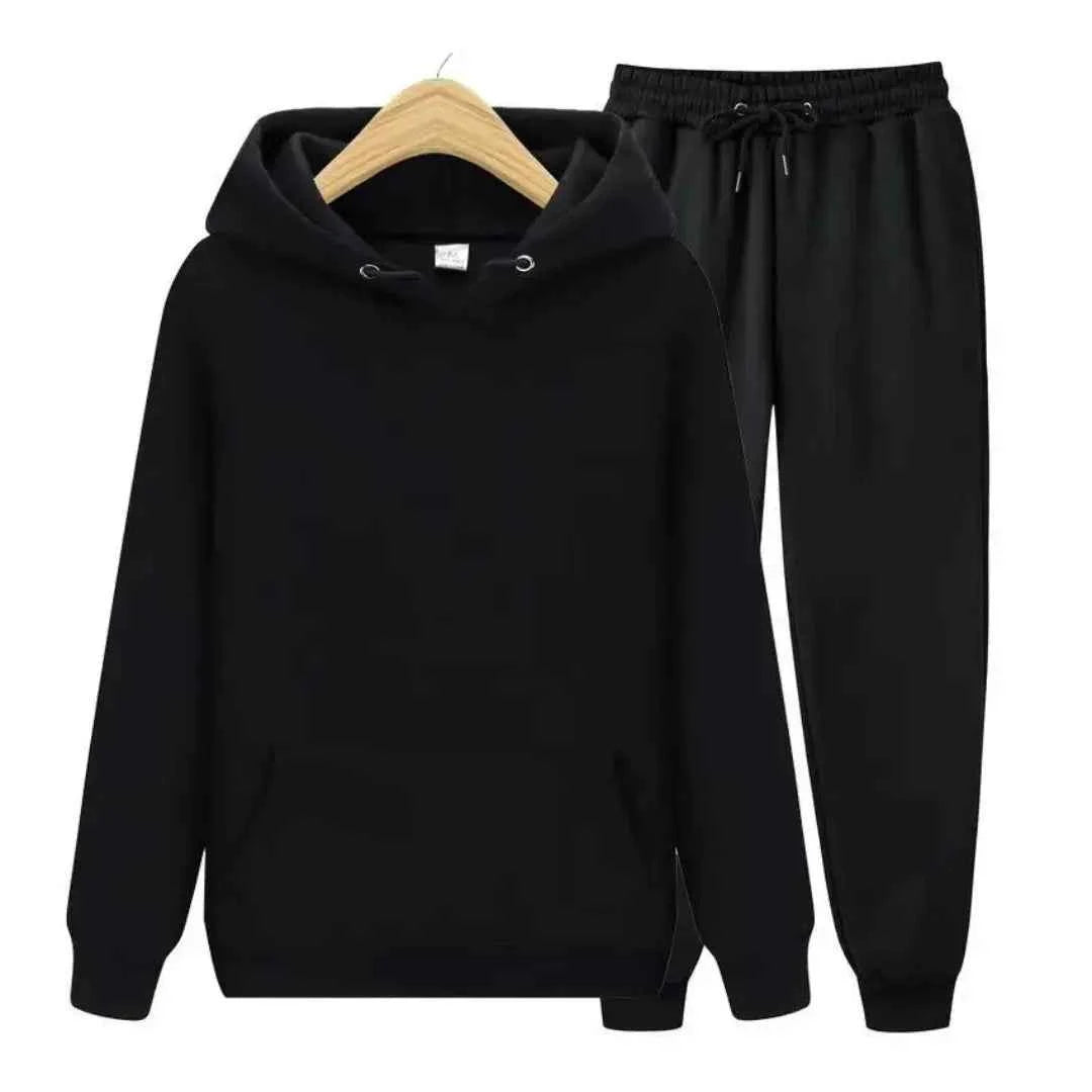 Men's Cotton Tracksuit Relaxed Drawstring Black Winter Hood Black