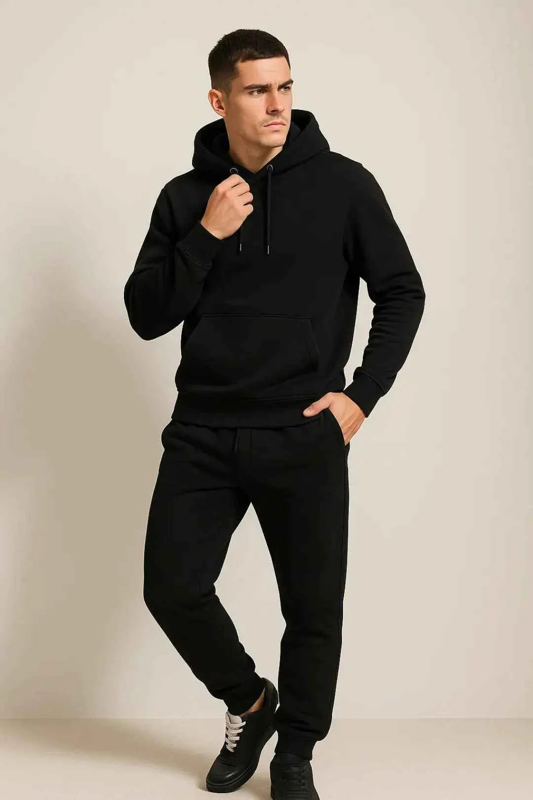 Men's Cotton Tracksuit Relaxed Drawstring Black Winter Hood