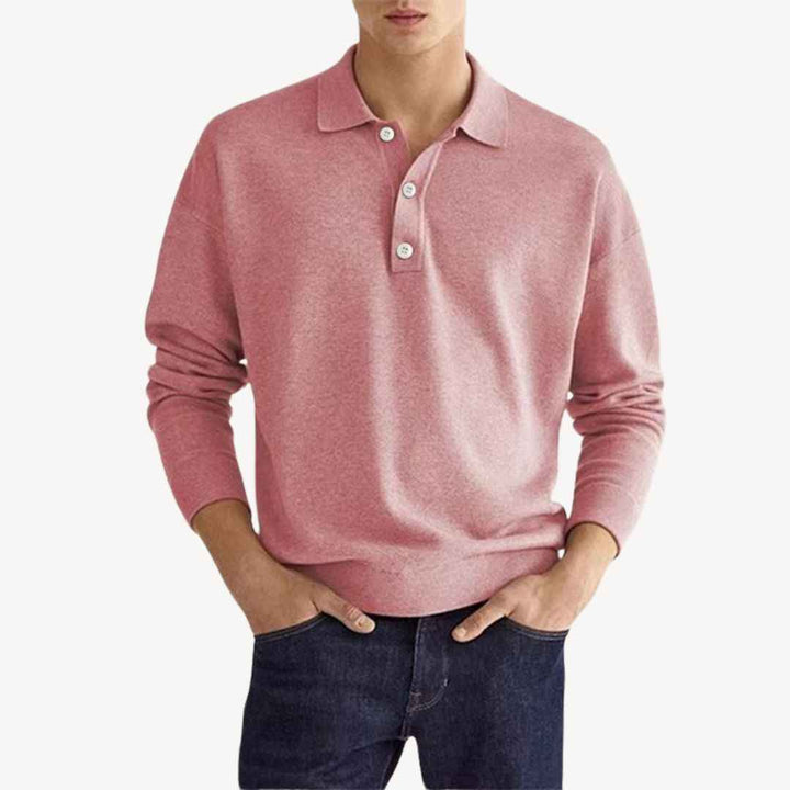 Men's Long Sleeve Casual Polo Shirt Pink