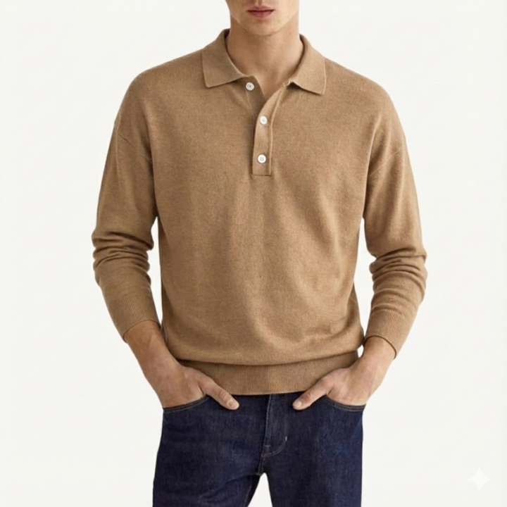 Men's Long Sleeve Casual Polo Shirt Beige