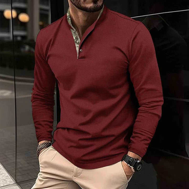 Men's Long Sleeve Henley Polo Shirt | Casual Wear Red