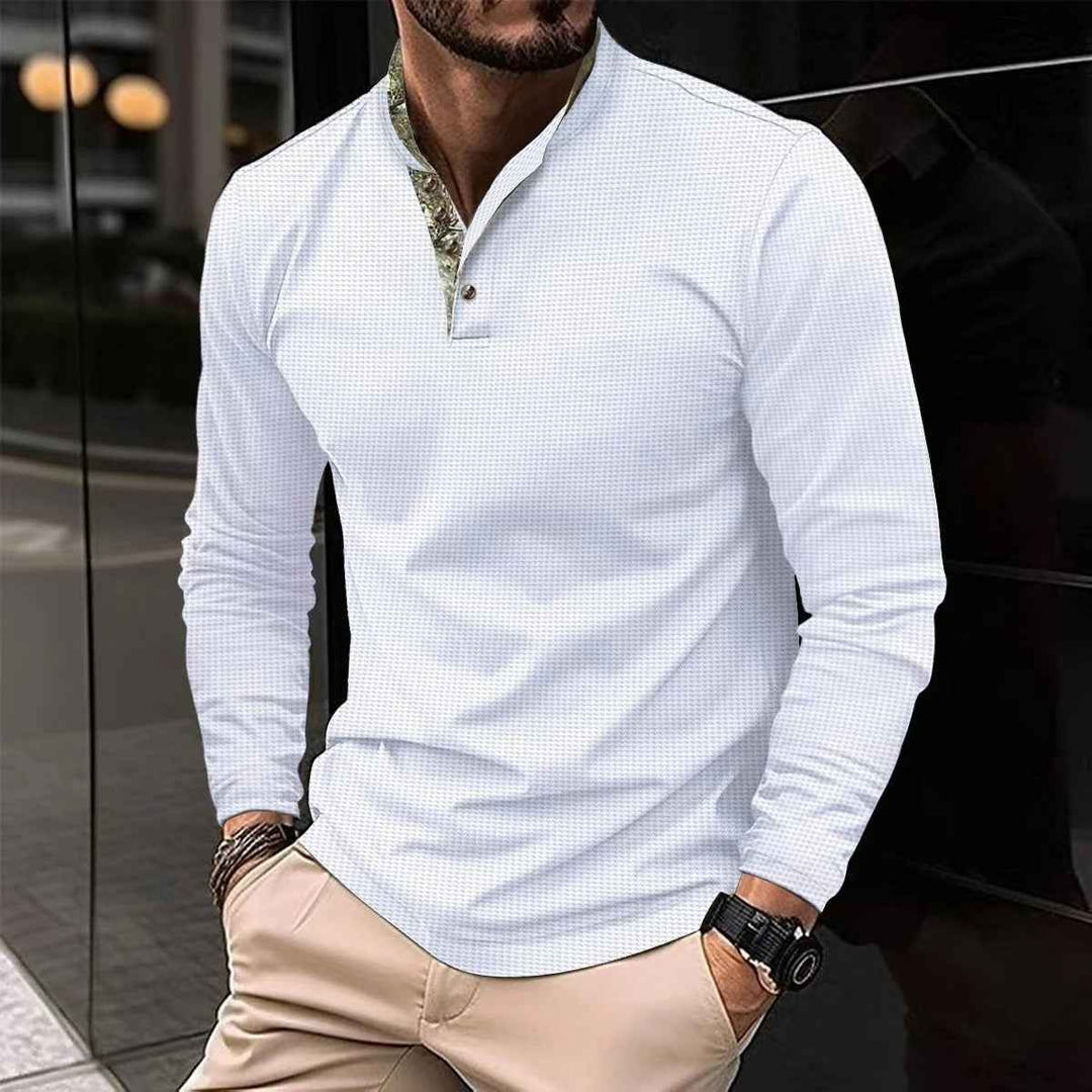 Men's Long Sleeve Henley Polo Shirt | Casual Wear White