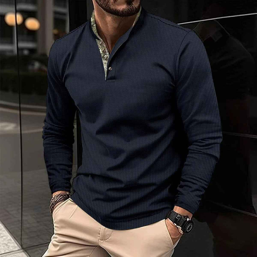 Men's Long Sleeve Henley Polo Shirt | Casual Wear Marine blue