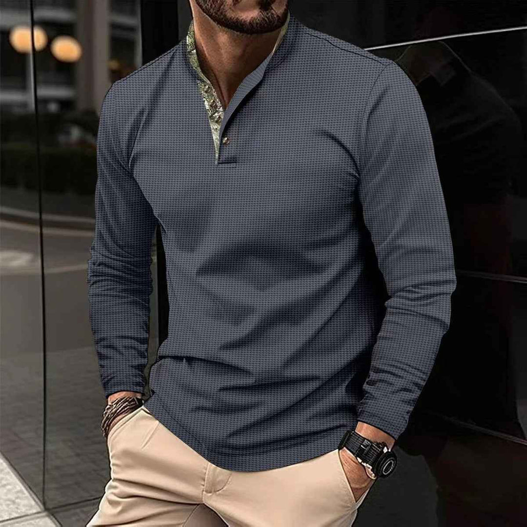 Men's Long Sleeve Henley Polo Shirt | Casual Wear Grey