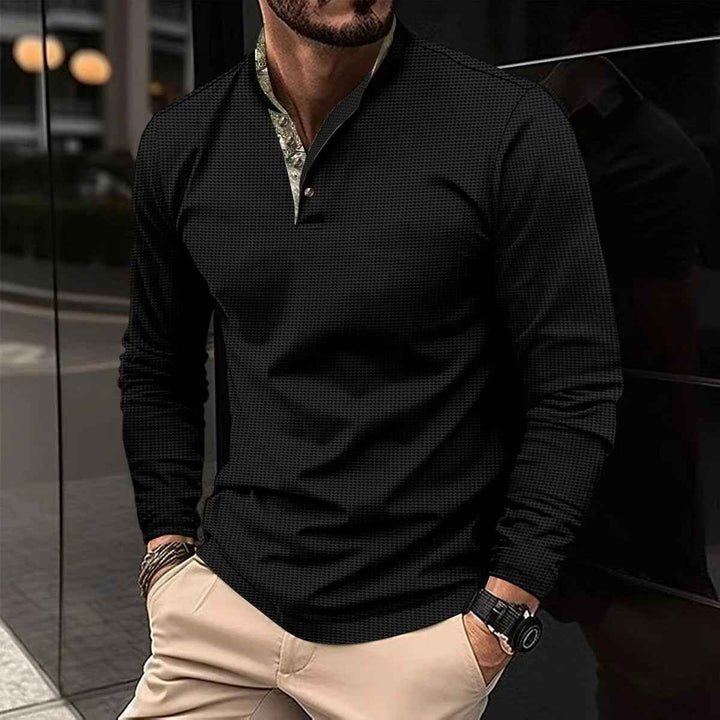 Men's Long Sleeve Henley Polo Shirt | Casual Wear Black