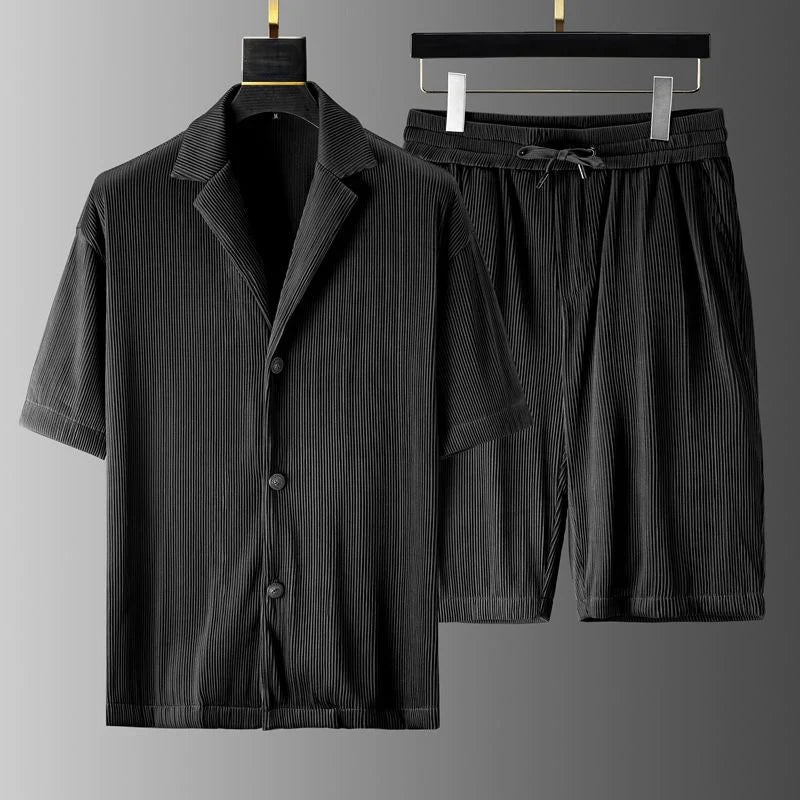 Men's Polo and Shorts Set – Relaxed Fit – Ribbed Texture – Breathable Fabric Black