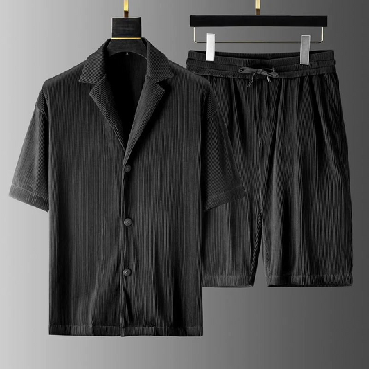 Men's Polo and Shorts Set – Relaxed Fit – Ribbed Texture – Breathable Fabric Black