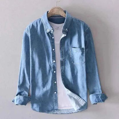 Men's Pure Cotton Denim Long-Sleeve Shirt Sky Blue Black Blue