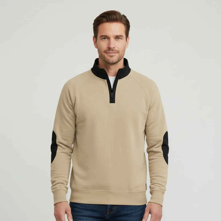 Men's Quarter Zip Elbow Patch Sweater Beige