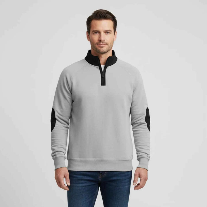 Men's Quarter Zip Elbow Patch Sweater Light Gray