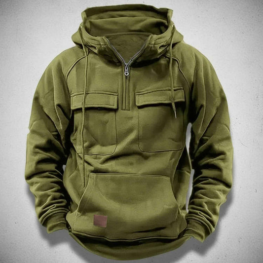 Men's Black Fleece Lined Quarter Zip Cargo Pocket Hoodie Army Green