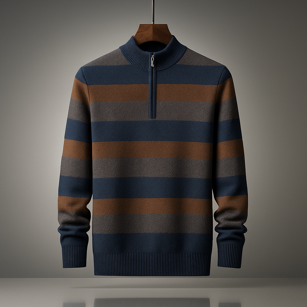 Men's Quarter Zip Sweater - Elmsbury Style Brown & Navy Blue