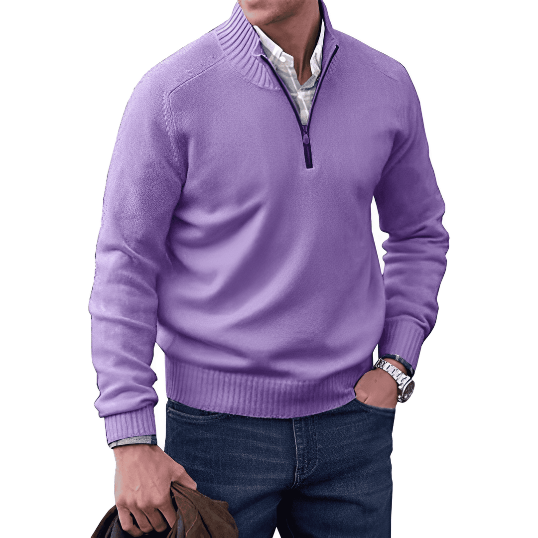 Men's Quarter Zip Sweater – Regular Fit – Ribbed Collar – Casual Comfort Purple