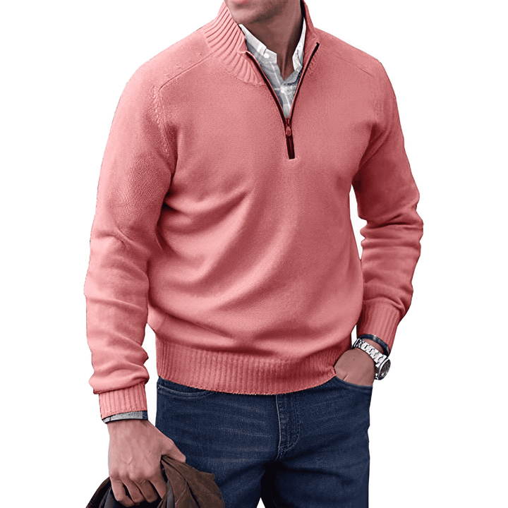 Men's Quarter Zip Sweater – Regular Fit – Ribbed Collar – Casual Comfort Pink