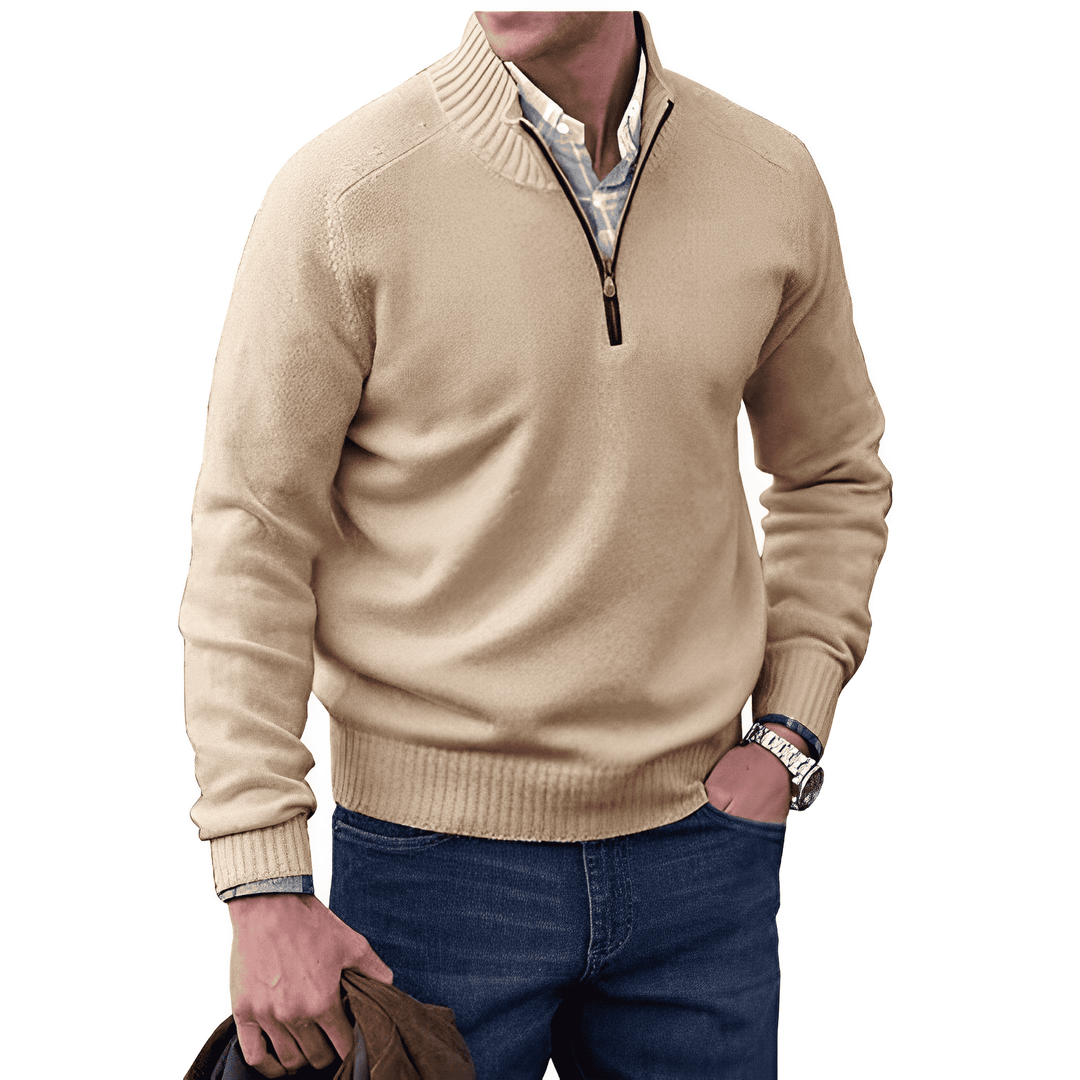 Men's Quarter Zip Sweater – Regular Fit – Ribbed Collar – Casual Comfort Brown