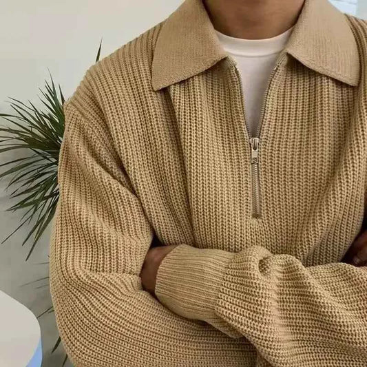 Men's Polyester Quarter-zip Oversized Ribbed Textured Knit Sweater