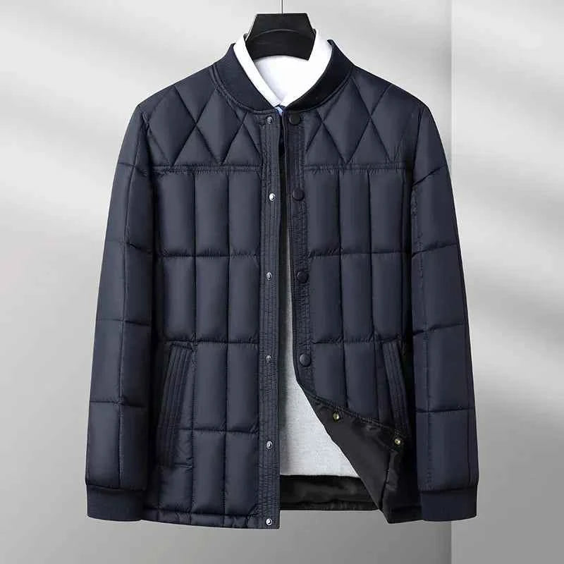 Men's Quilted Bomber Jacket | Ribbed Collar Snap Button Hip-Length Design Navy Blue