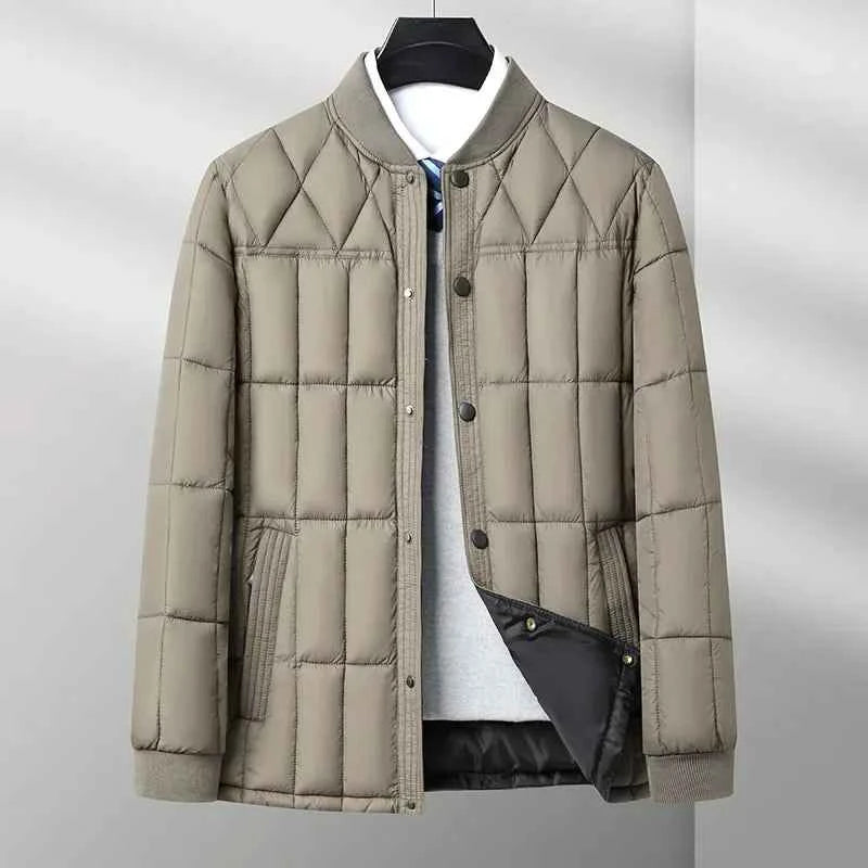 Men's Quilted Bomber Jacket | Ribbed Collar Snap Button Hip-Length Design Khaki