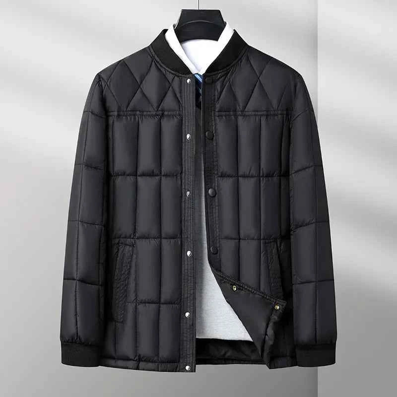Men's Quilted Bomber Jacket | Ribbed Collar Snap Button Hip-Length Design Classic Black