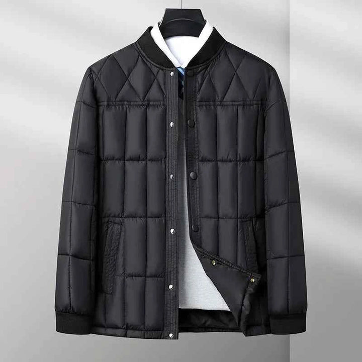 Men's Quilted Bomber Jacket | Ribbed Collar Snap Button Hip-Length Design Classic Black