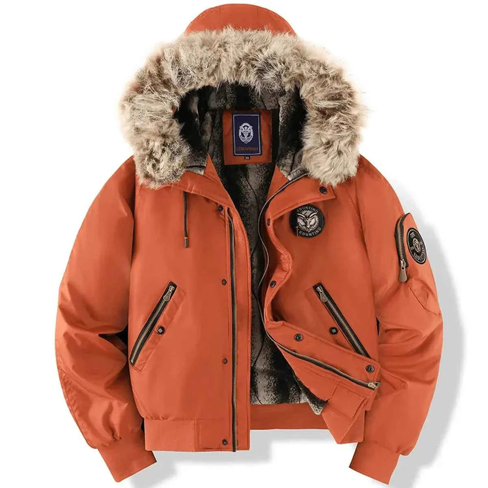 Men's Quilted Bomber Jacket with Faux Fur Hood Orange