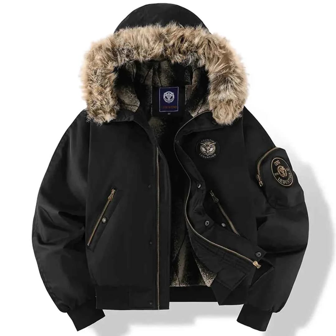 Men's Quilted Bomber Jacket with Faux Fur Hood Black