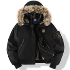 Men's Quilted Bomber Jacket with Faux Fur Hood Black