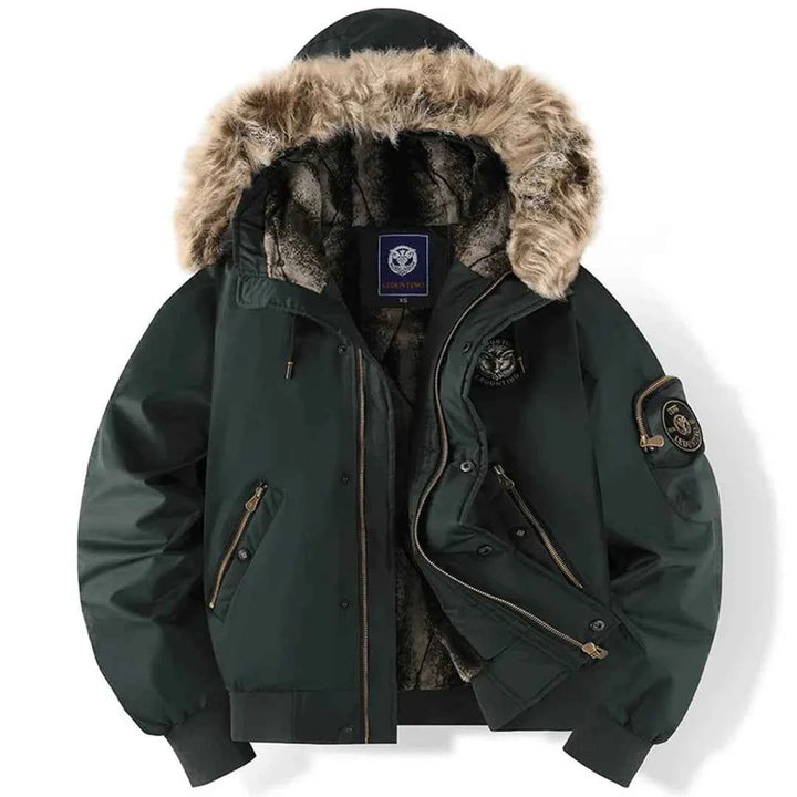 Men's Quilted Bomber Jacket with Faux Fur Hood Dark Green