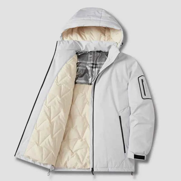 Men's Quilted Cotton Hooded Jacket – Loose Fit – Zip Closure – Casual Outdoor Wear White