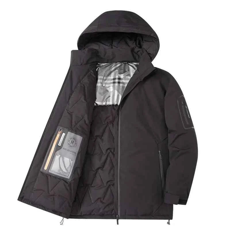 Men's Quilted Cotton Hooded Jacket – Loose Fit – Zip Closure – Casual Outdoor Wear Black