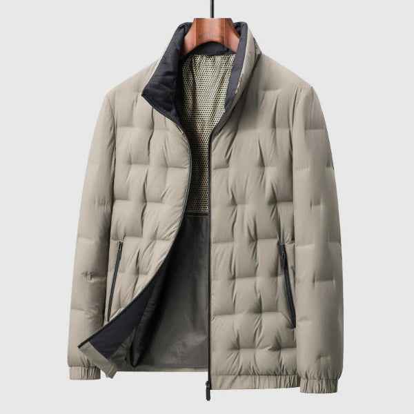 Men's Quilted Down Jacket – Regular Fit – Zipper Closure – Stand-Up Collar Cream
