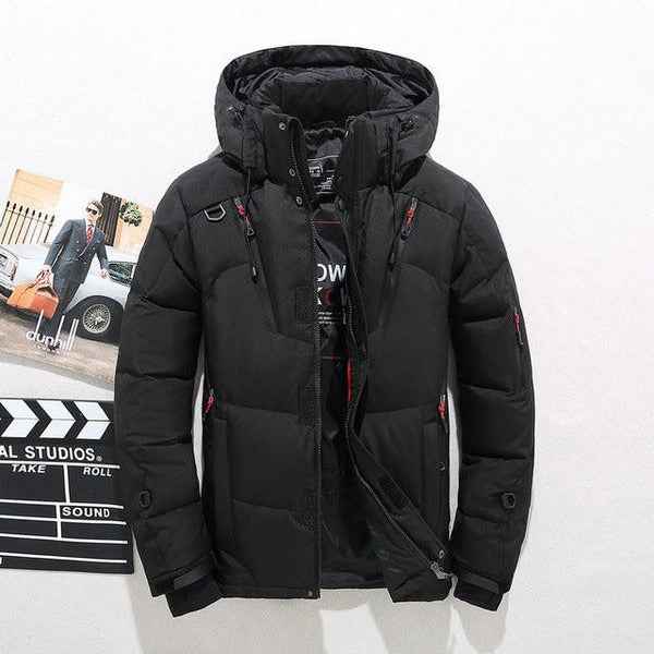 Men's Quilted Down Jacket with Hood – Zip Closure – Hip Length – Regular Fit Black