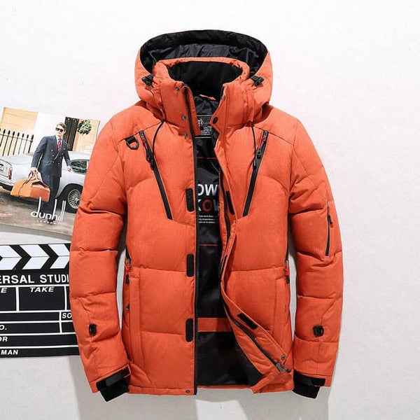Men's Quilted Down Jacket with Hood – Zip Closure – Hip Length – Regular Fit Orange