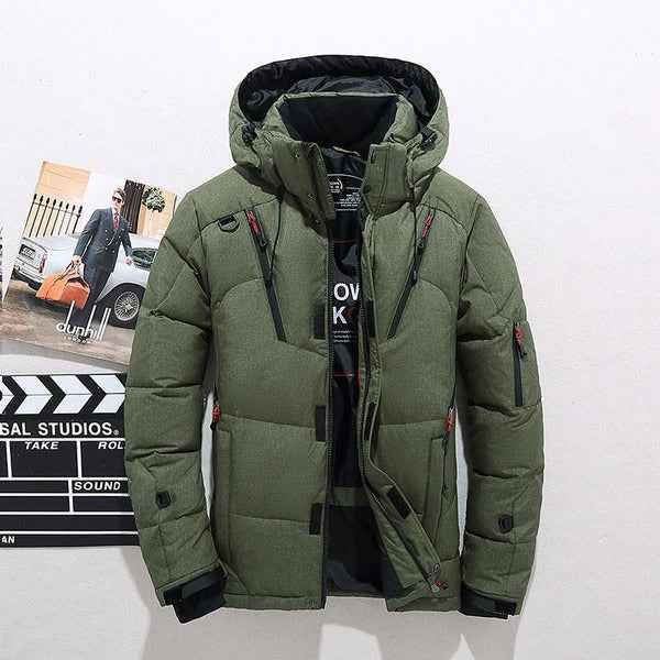 Men's Quilted Down Jacket with Hood – Zip Closure – Hip Length – Regular Fit Green