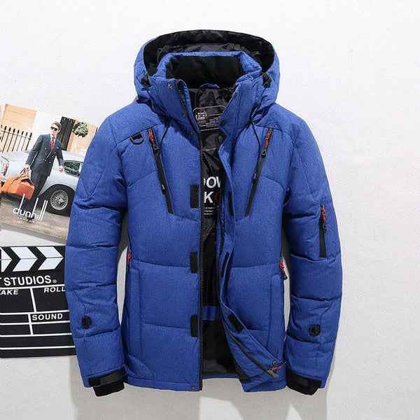Men's Quilted Down Jacket with Hood – Zip Closure – Hip Length – Regular Fit Blue