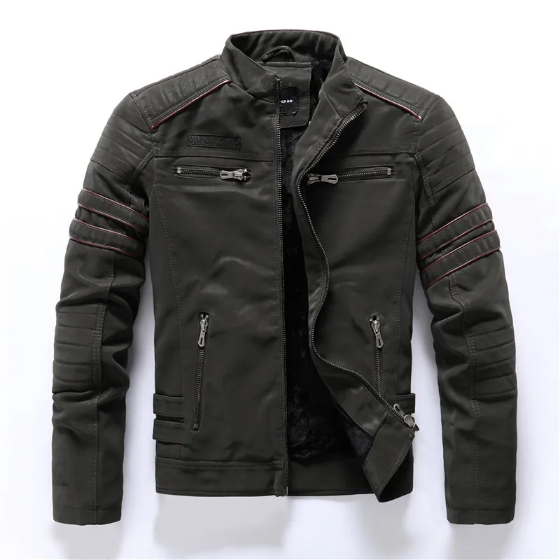 Men's Quilted Motorcycle Jacket with Fleece Lining and Multiple Pockets Army Green