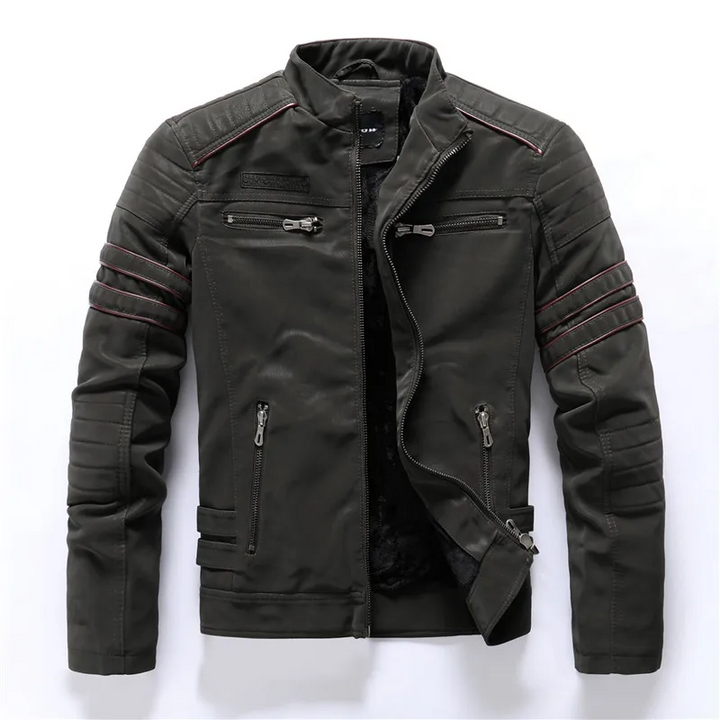 Men's Quilted Motorcycle Jacket with Fleece Lining and Multiple Pockets Army Green