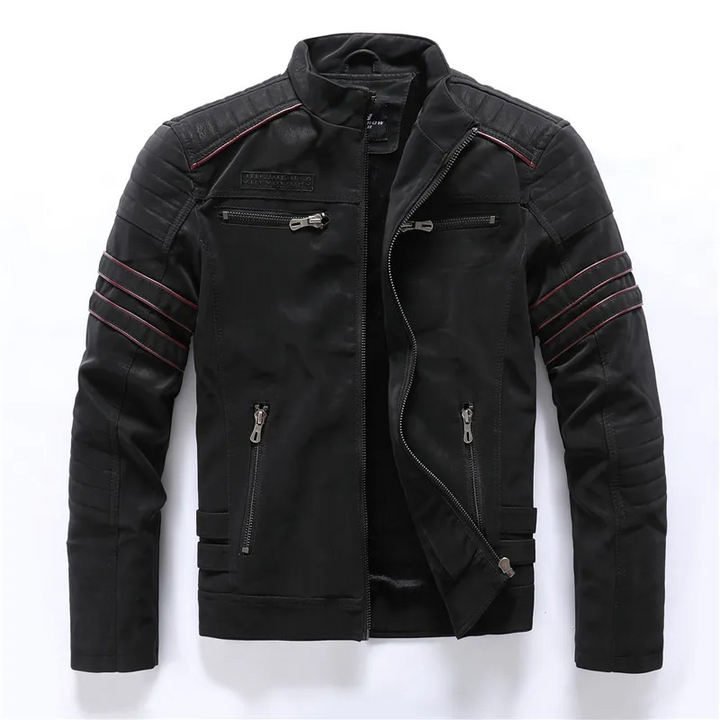 Men's Quilted Motorcycle Jacket with Fleece Lining and Multiple Pockets Black
