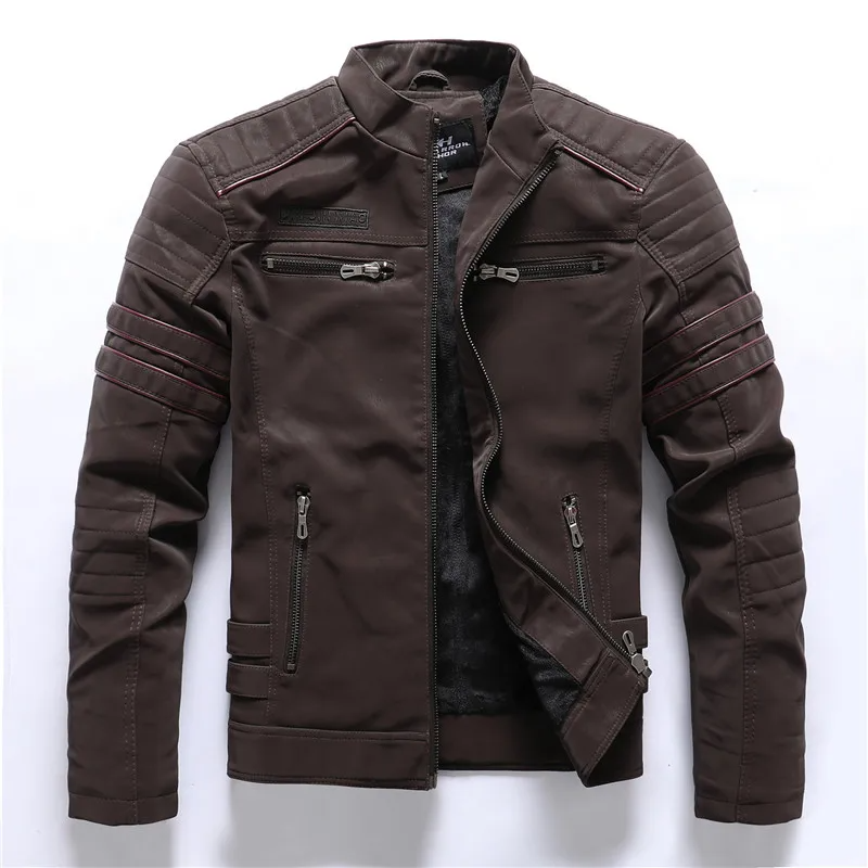 Men's Quilted Motorcycle Jacket with Fleece Lining and Multiple Pockets Brown